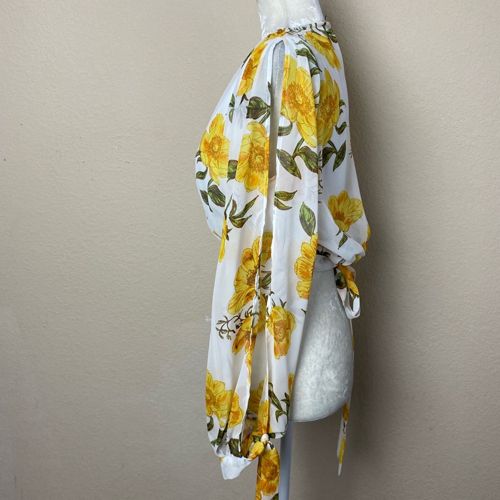 Favlux White & Yellow Floral Print Chiffon Cold Shoulder Crop Top Size Large - Picture 6 of 10